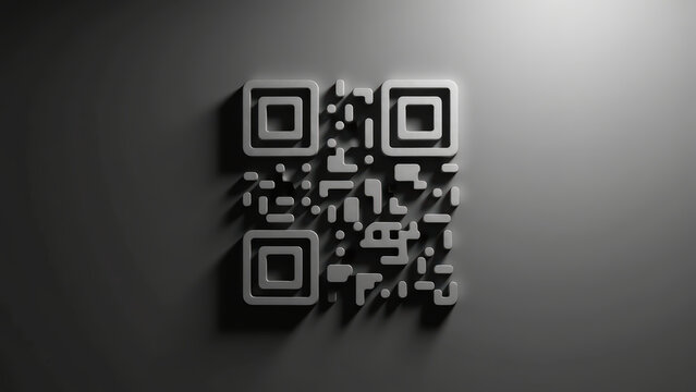 Modern QR code design with sleek, three dimensional appearance, casting shadows on dark background, creating sense of depth and sophistication