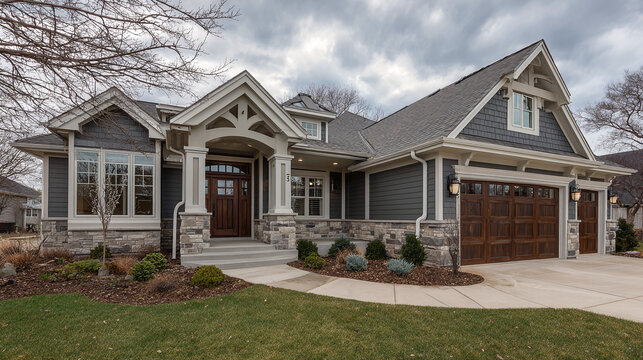 A beautiful gray house with a wooden front door and a two-car garage on a cloudy day. Perfect location for a family home to settle down in.