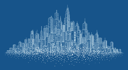 Stunning city skyline at night evokes urban innovation and architectural design inspiration