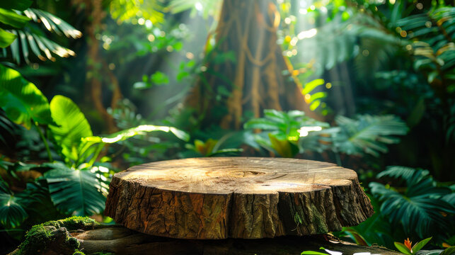 Sunlight filters through dense jungle foliage illuminating a tree stump surrounded by vibrant tropical plants