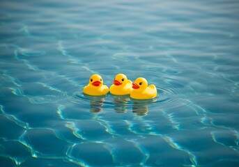 Three Yellow Rubber Ducks Floating Peacefully on the Surface of a Swimming Pool with Sparkling Water