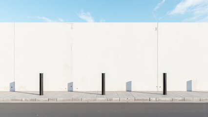 Minimalist urban scene featuring white wall and black bollards against clear blue sky. simplicity evokes sense of calm and space
