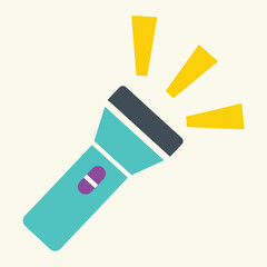 Flat design vector illustration of a turquoise flashlight shining bright light beam out