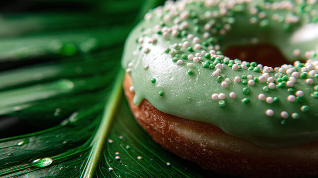 A vibrant donut with mint icing and sprinkles, gracefully resting on a verdant leaf, capturing a fusion of sweetness and nature's beauty.