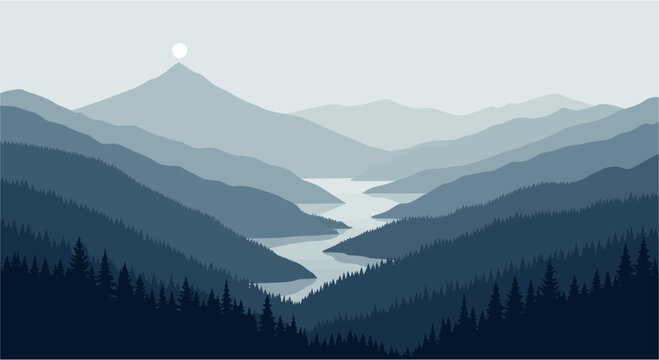 Stunning mountain landscape vista with river and forest conveys peace and tranquility for scenic backgrounds