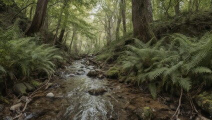 Fototapeta premium Lush Green Forest Stream with Ferns and Trees.