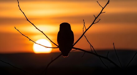 Silhouette of an owl perched on a bare tree branch against a vibrant orange sunset sky