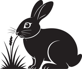 Black rabbit silhouette eating grass in a field