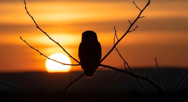 Silhouette of an owl perched on a bare tree branch against a vibrant orange sunset sky