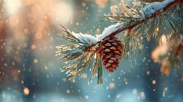 A pinecone clinging to a branch, capped with snow, as gentle snowflakes fall, creating a serene winter scene in soft, diffused light.