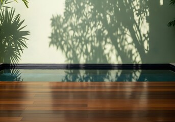 Tranquil Swimming Pool Surrounded by Wooden Decking and Shadowed Wall Serene Relaxation