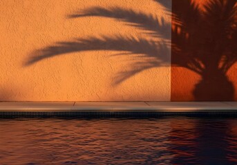 Tranquil scene of swimming pool and palm tree shadow during the warm sunset hour
