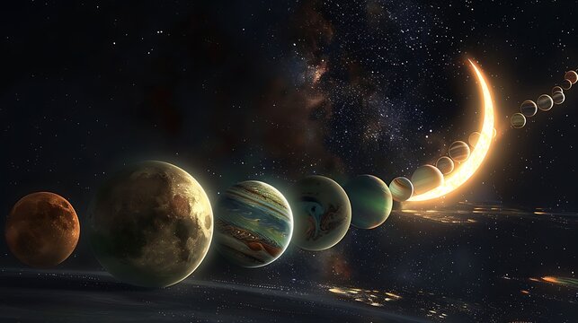 Enchanting cosmic alignment: Planets trail a luminous crescent across a mysterious, star-dusted nocturnal space vista