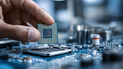 A hand carefully places a processor into a motherboard socket, upgrading or repairing a computer system with precision and expertise.