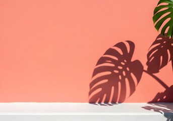 Tropical Monstera Leaf Shadows on a Vibrant Coral Wall Creating a Calming Atmosphere