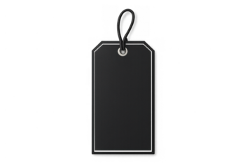 Black rectangle label with white stitching and string, offering space for custom text or logo, isolated on transparent background