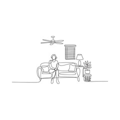 Line drawing of a person sitting on a couch with a drone overhead