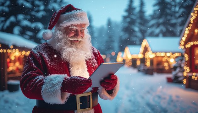 Santa Claus using a tablet while shopping online. In the background, a snowy, winter city street illuminated with Christmas lights and lined with shops and market stalls.

 - Powered by Adobe