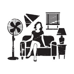 Woman sitting on sofa in room with fan and lamp