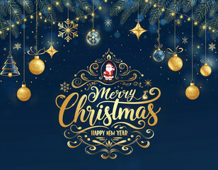 Blue Christmas card with gold ornament, baubles and Merry Christmas wishes