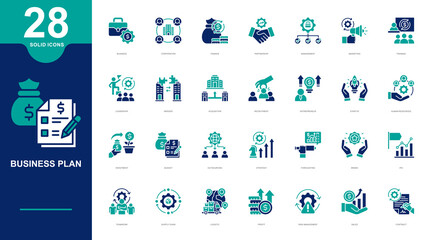 Business Plan Solid icons collection. Containing Business, Corporation, New Product, Partnership, Management, Marketing, Training, Leadership and more. Simple vector illustration