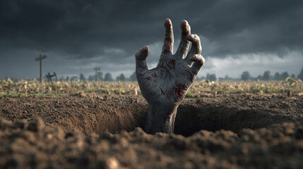 A decaying hand rises from the earth under a stormy sky, the hand is pale with blood and dirt, suggesting a harrowing resurrection from the grave.