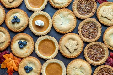 Various types of delicious pies arranged beautifully with decorative leaves on a dark background