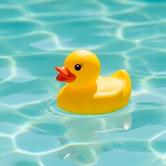 Yellow Rubber Duck Floating on Water Surface Reflecting Sunlight Creates Ripple Effect