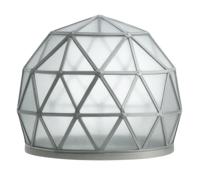 Eco-friendly geodesic greenhouse with triangular panels for durability in harsh weather.