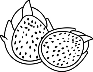 Dragon fruit sliced in half tropical exotic fruit with black seeds, white flesh, spiky outer skin illustration