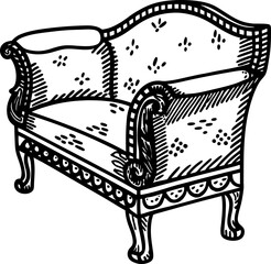 Vintage upholstered armchair illustration hand drawn antique furniture with ornate details, classic decorative seat