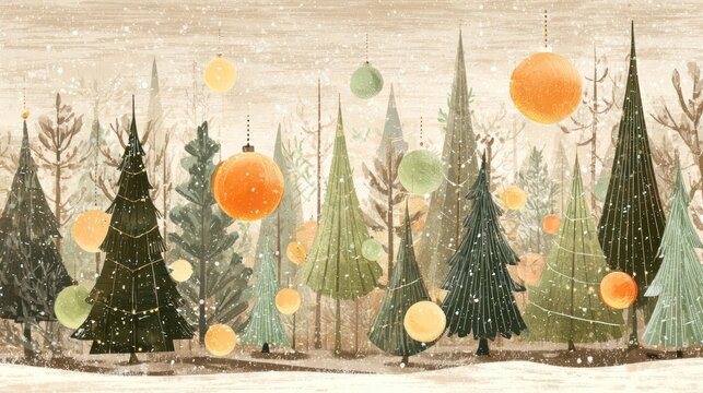Whimsical winter forest scene with hanging ornaments and festive christmas trees in a snowy landscape