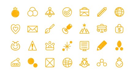 Collection of golden outline icons representing various objects and concepts