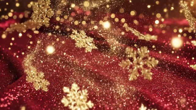 Golden Snowflakes on Red Glitter - This video features gold snowflakes falling against a backdrop of textured red glitter.
