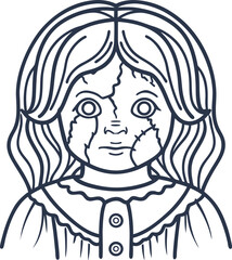 Creepy cracked porcelain doll face with vintage dress and haunting expression isolated outline illustration