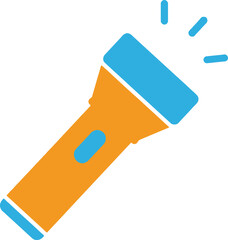 Bright orange and blue flashlight icon with light rays, a symbol for illumination and guidance