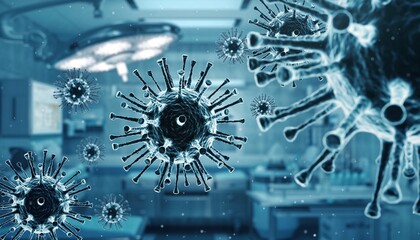 A dynamic 3D visualization of virus particles floating inside a blue sterile medical atmosphere