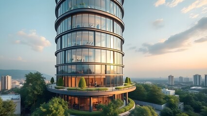 Modern cylindrical skyscraper with extensive glass facade and lush green terraces overlooking a sprawling cityscape at sunset