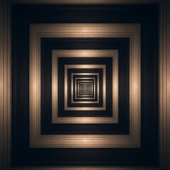Abstract concentric square tunnel with golden illuminated ribbed frames and depth