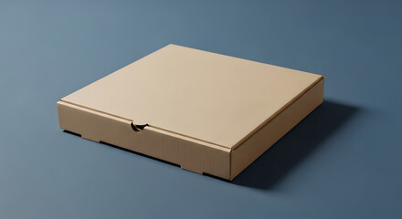 Naklejka premium A closed square cardboard box sitting on a blue surface in a studio setting with soft lighting