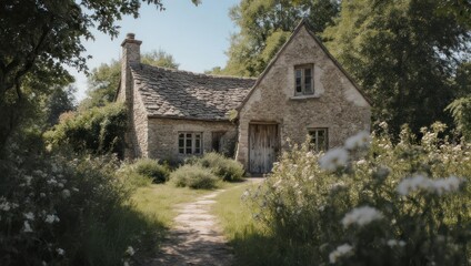 Idyllic rustic stone cottage with a lush green garden.