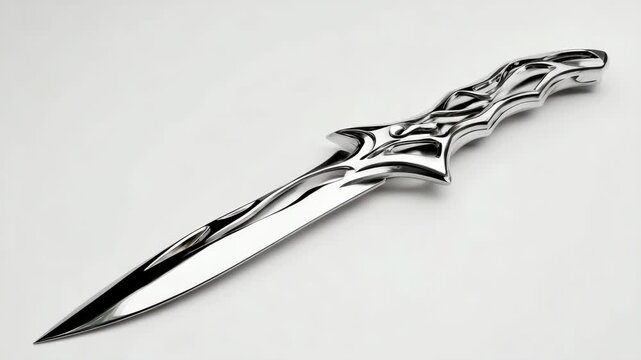 Intricate silver dagger with reflective blade and ornate handle design