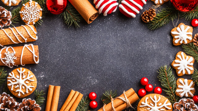 Festive Holiday Treats Arranged on a Dark Surface With Pine Decorations and Cinnamon Sticks
