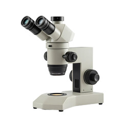 A white stereo microscope with dual eyepieces and focus knobs isolated on transparent background