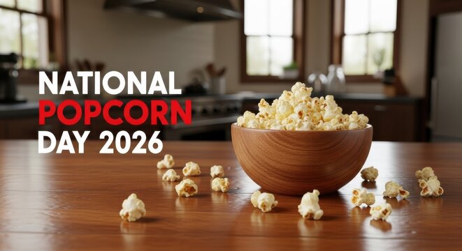 Wooden bowl filled with popcorn on a kitchen counter celebrating National Popcorn Day 2026 perfect for food blogs and event promotions