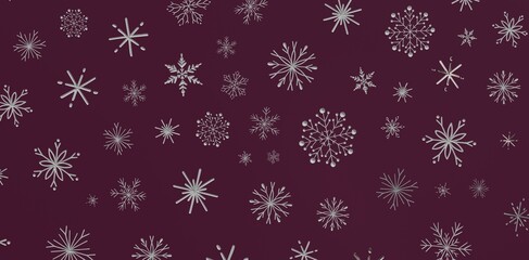A beautiful seamless pattern of silver snowflakes on a rich burgundy background, perfect for winter holiday and Christmas de