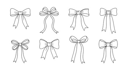 Collection of hand drawn decorative bows with dotted lines and ribbons
