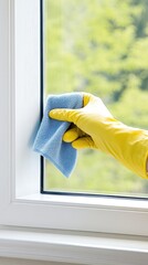 Bright and cheerful cleaning of a window sill in a sunlit room with yellow rubber gloves and a blue microfiber cloth