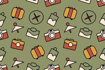 Pattern of travel icons featuring suitcases, cameras, and compasses Keywords: travel, adventure, vacation, journey, exploration, suitcase, luggage