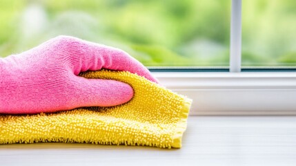 Cleaning window frames with a dazzling touch of color in a bright, green setting